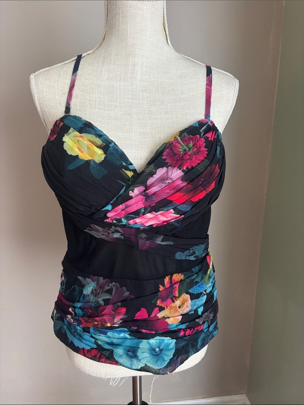 Floral Ruched Black Tankini Top - Women's Floral Swim Top